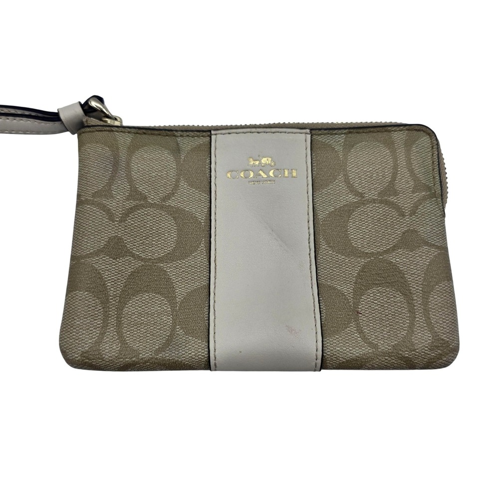 Coach Wristlet Clutch Bag Womens Small Beige Canvas Leather Zip Logo Wrist Strap